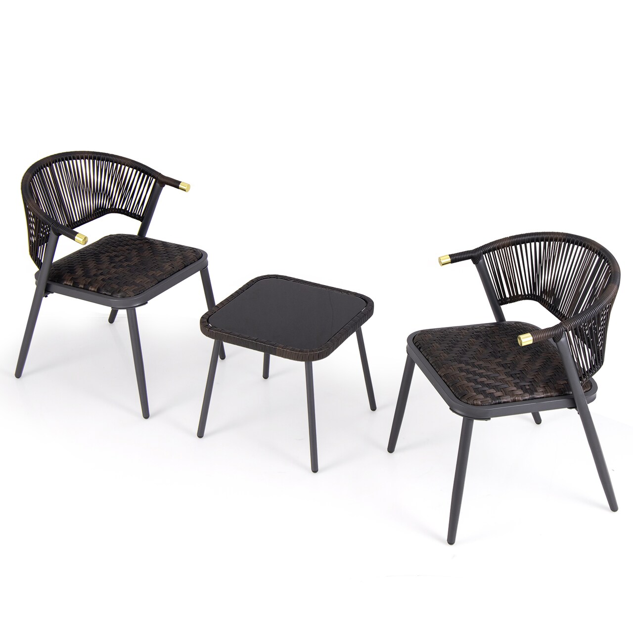 Garden Bistro Set 3 Piece, PE Rattan Chairs with Glass Top Coffee Table